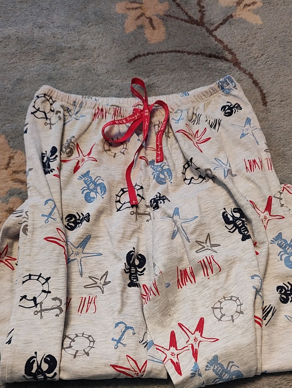 Kids Grey Nautical Print Pajama Pants with Red Drawstring